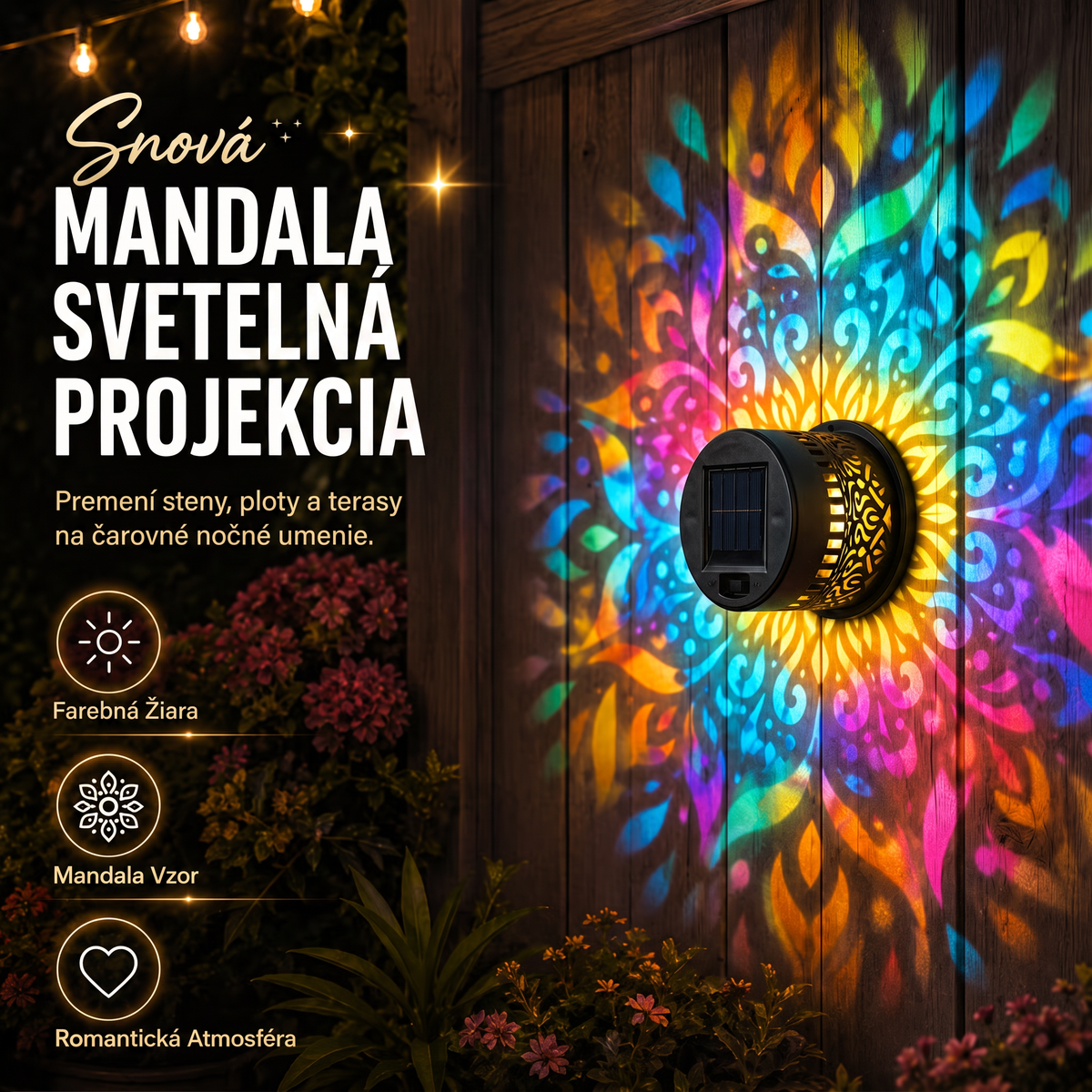 斯洛伐克-Solárne nástenné svietidlo Mandala, vonkajšie, záhradné, plotové, projektorové, terasové, ambientné, dekoračné