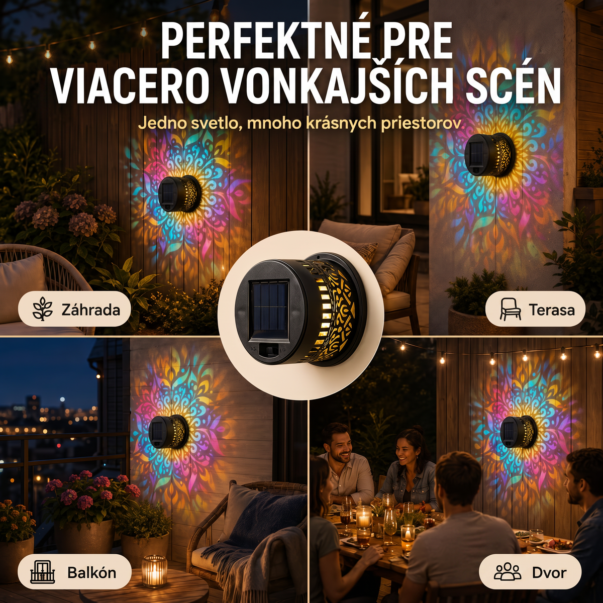 斯洛伐克-Solárne nástenné svietidlo Mandala, vonkajšie, záhradné, plotové, projektorové, terasové, ambientné, dekoračné