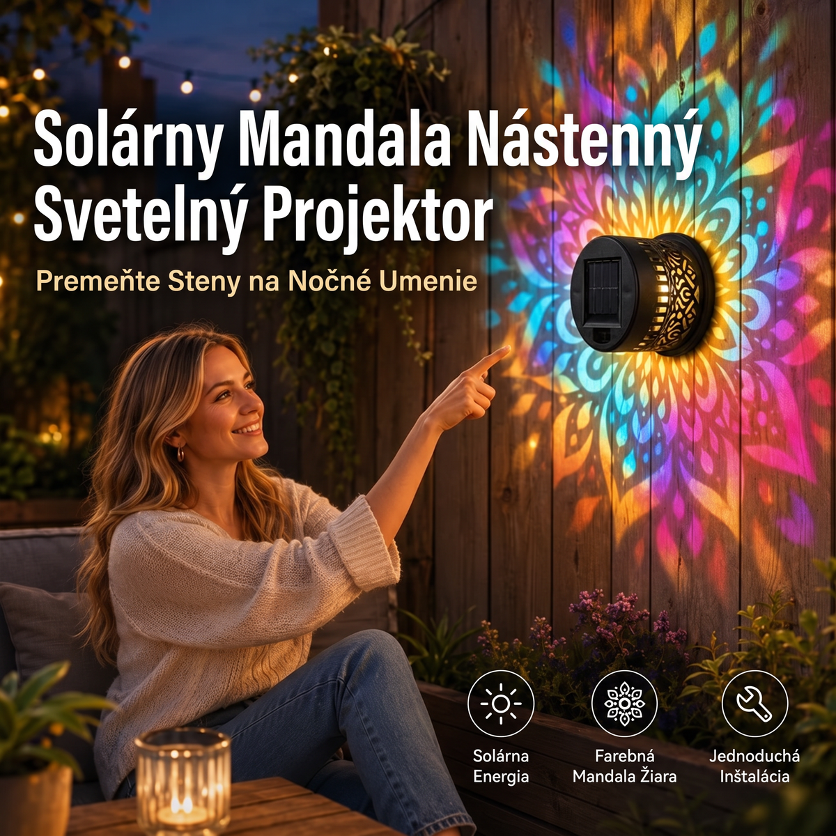 斯洛伐克-Solárne nástenné svietidlo Mandala, vonkajšie, záhradné, plotové, projektorové, terasové, ambientné, dekoračné
